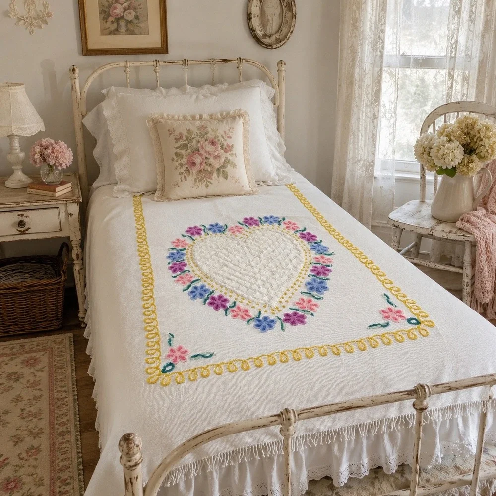 Vintage Chenille Floral Heart Bedspread White Cottagecore Twin Shabby Chic Retro